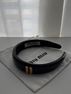 Miu Miu Black Patent Headband with Gold Logo Accent
